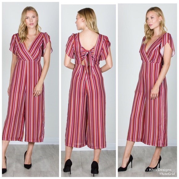 🥰RED Striped Back Tie Cropped Wide Leg Jumpsuit! - Picture 3 of 8